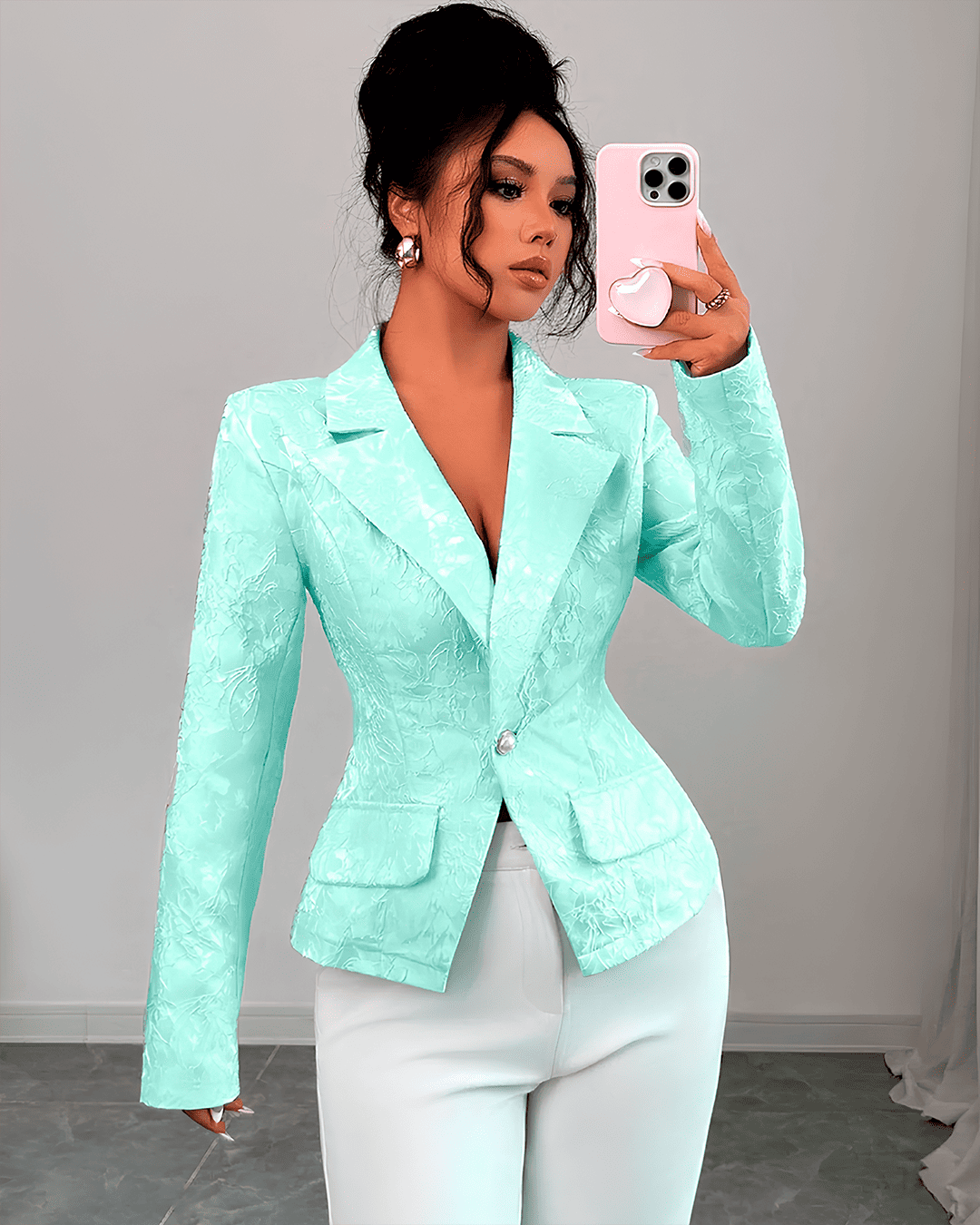 Blazer Jacquard Cintré Poches Bouton Unique