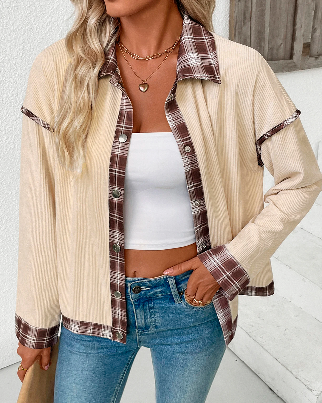 Coat Corduroy Patchwork Plaid Feminine Casual Modern