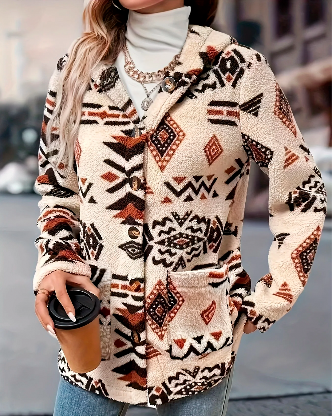 Coat Ethnic Pattern Feminine Furry Pockets Winter