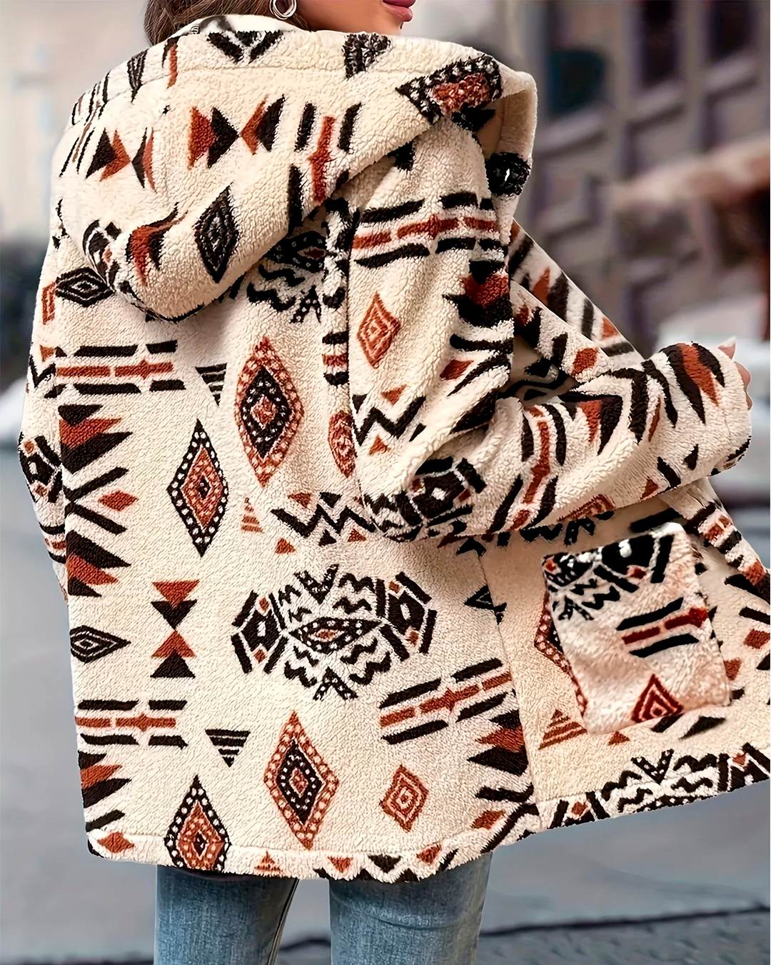 Coat Ethnic Pattern Feminine Furry Pockets Winter