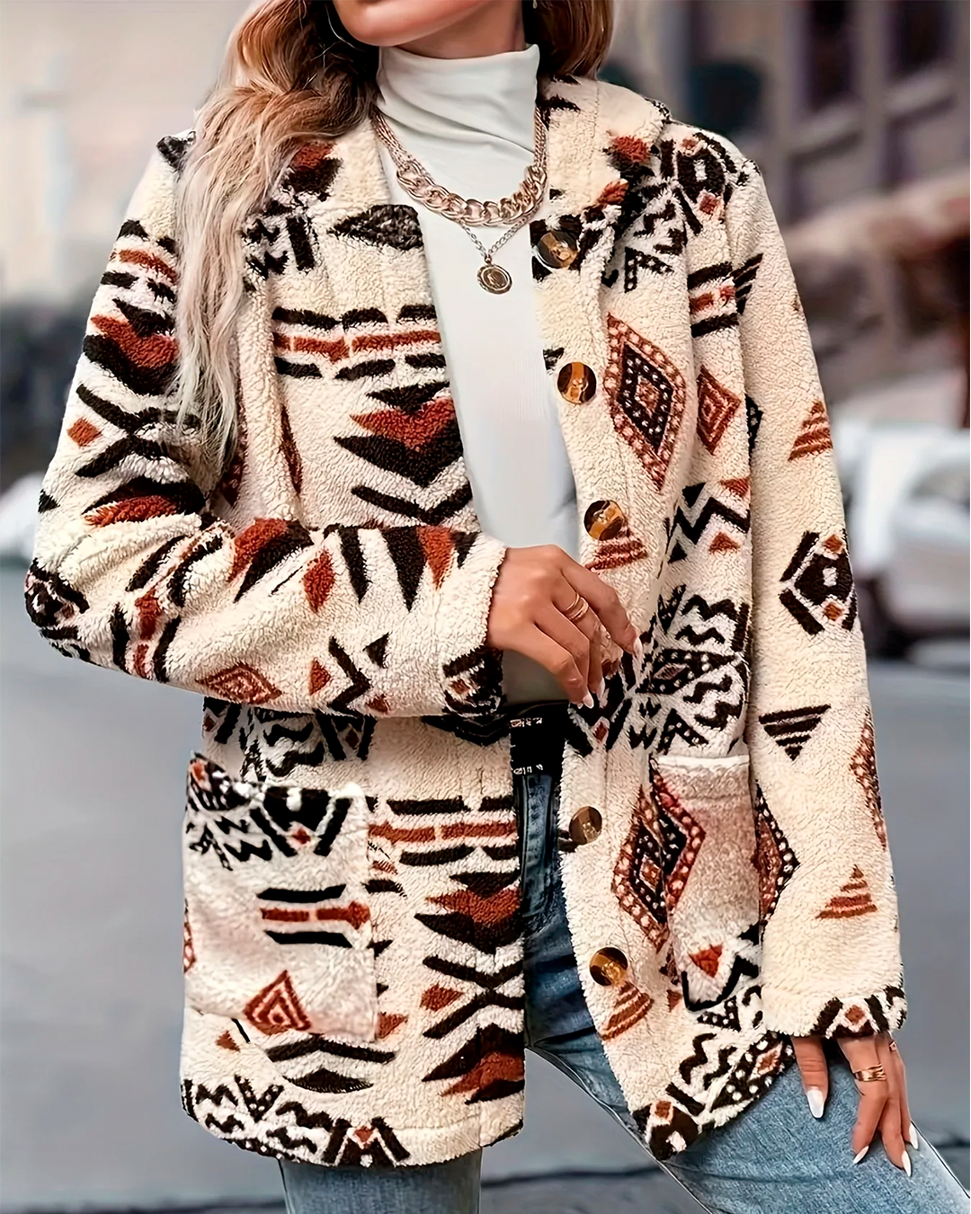 Coat Ethnic Pattern Feminine Furry Pockets Winter