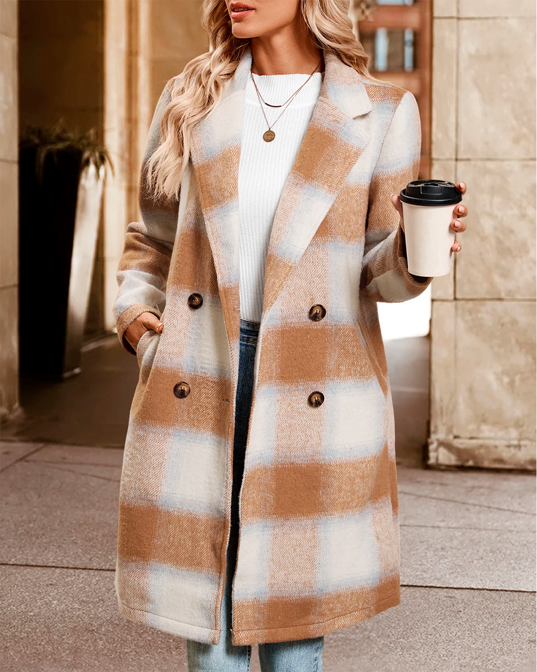 Coat Plaid Feminine Elegant Winter Buttons