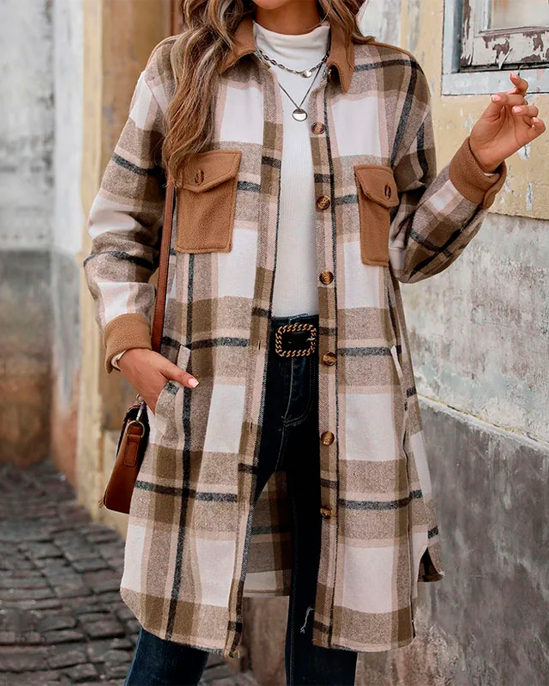 Coat Plaid Feminine Long Pocketed Modern