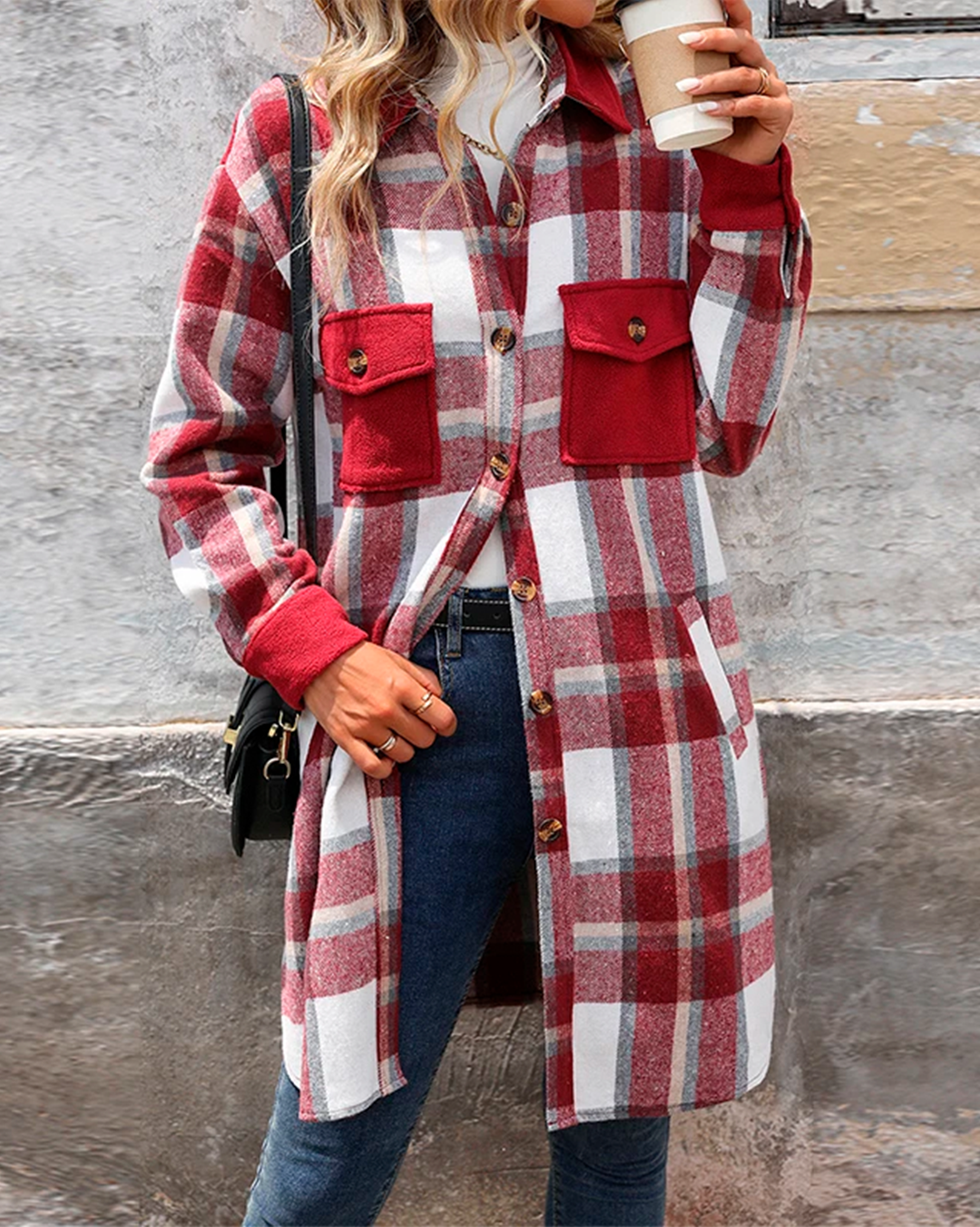 Coat Plaid Feminine Long Pocketed Modern
