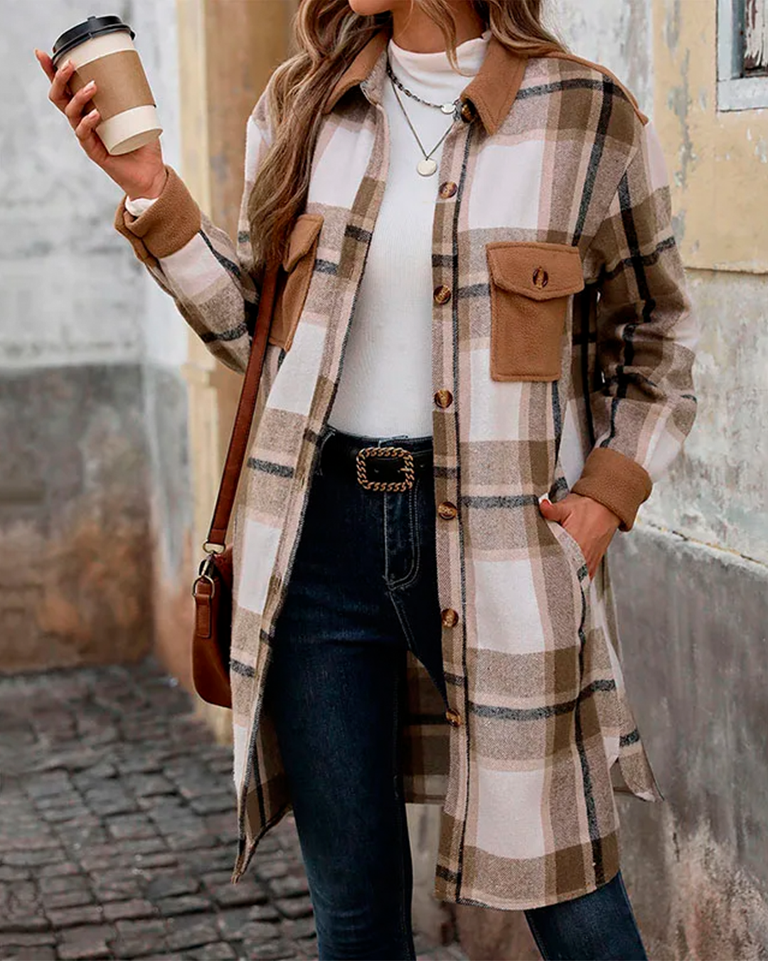 Coat Plaid Feminine Long Pocketed Modern