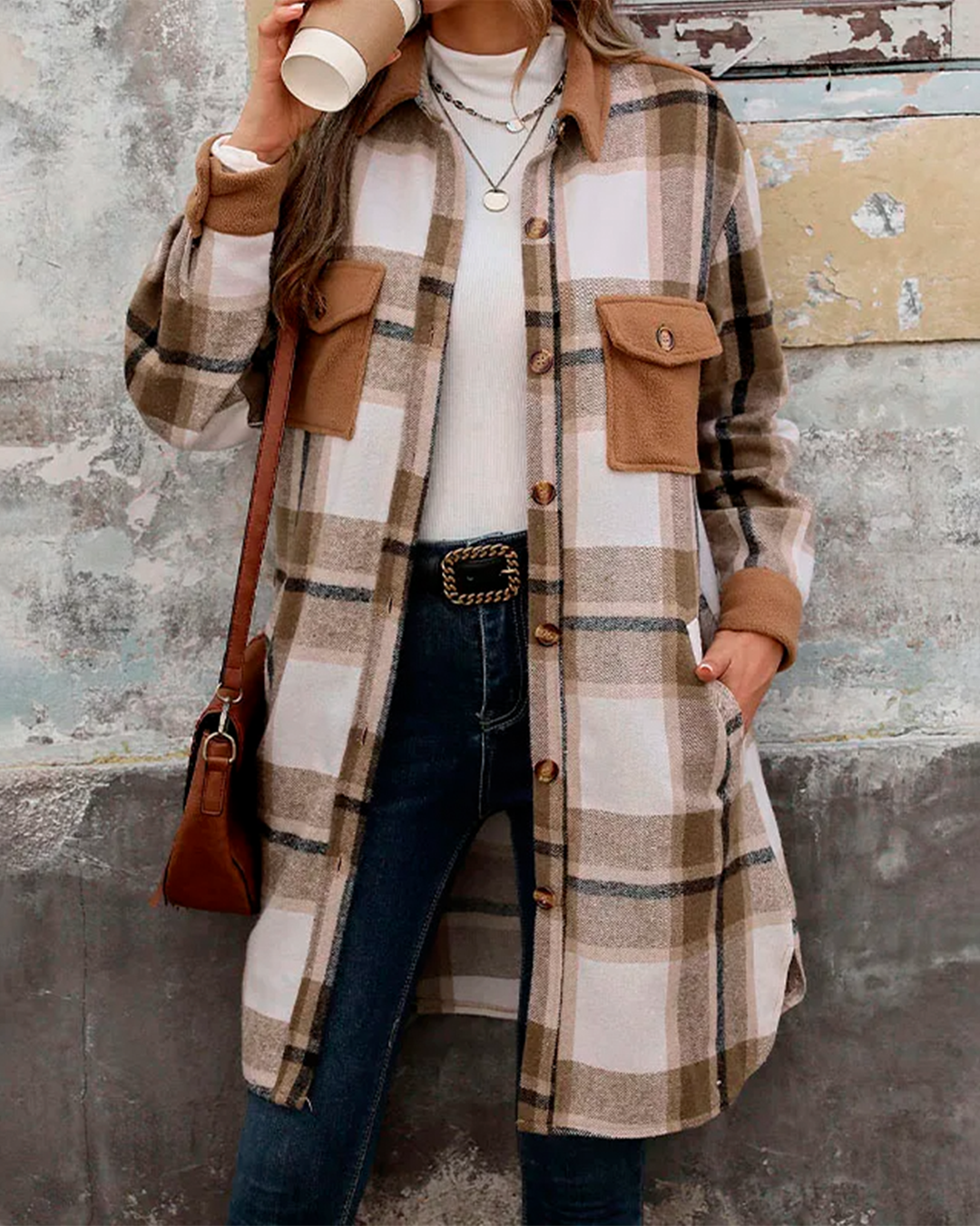 Coat Plaid Feminine Long Pocketed Modern