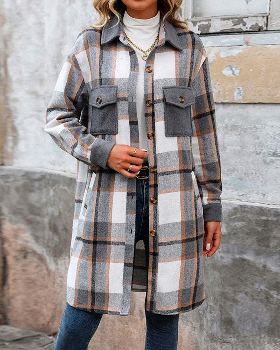 Coat Plaid Feminine Long Pocketed Modern