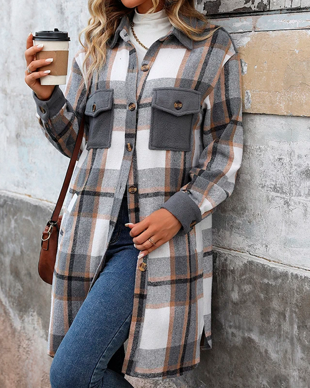 Coat Plaid Feminine Long Pocketed Modern