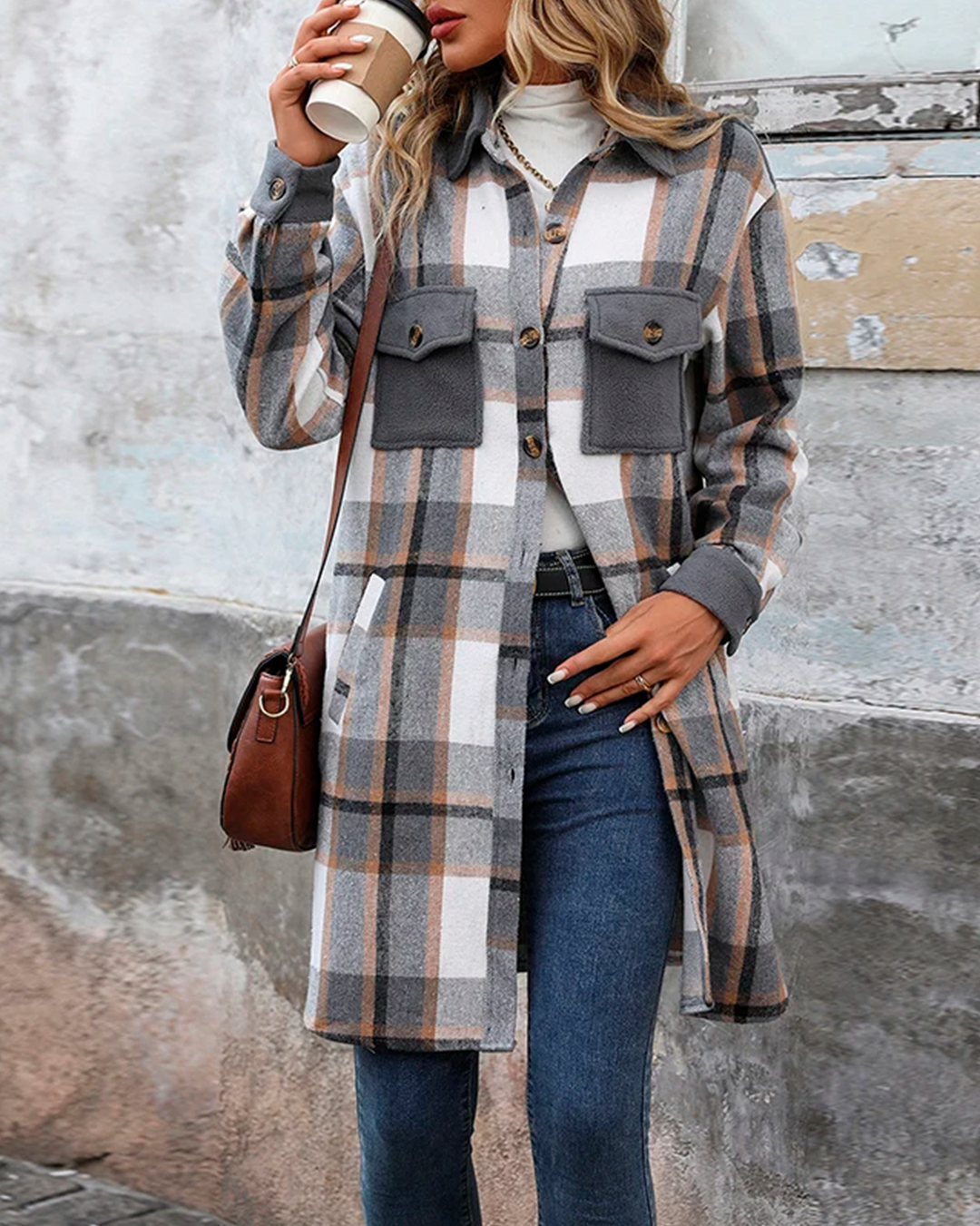 Coat Plaid Feminine Long Pocketed Modern