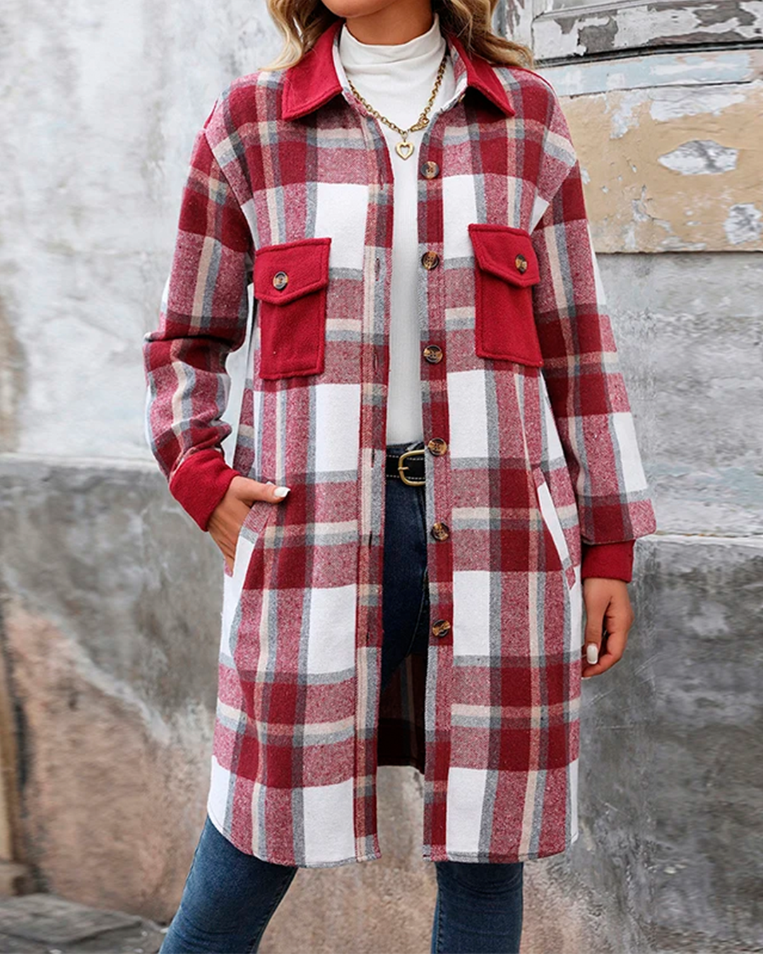 Coat Plaid Feminine Long Pocketed Modern