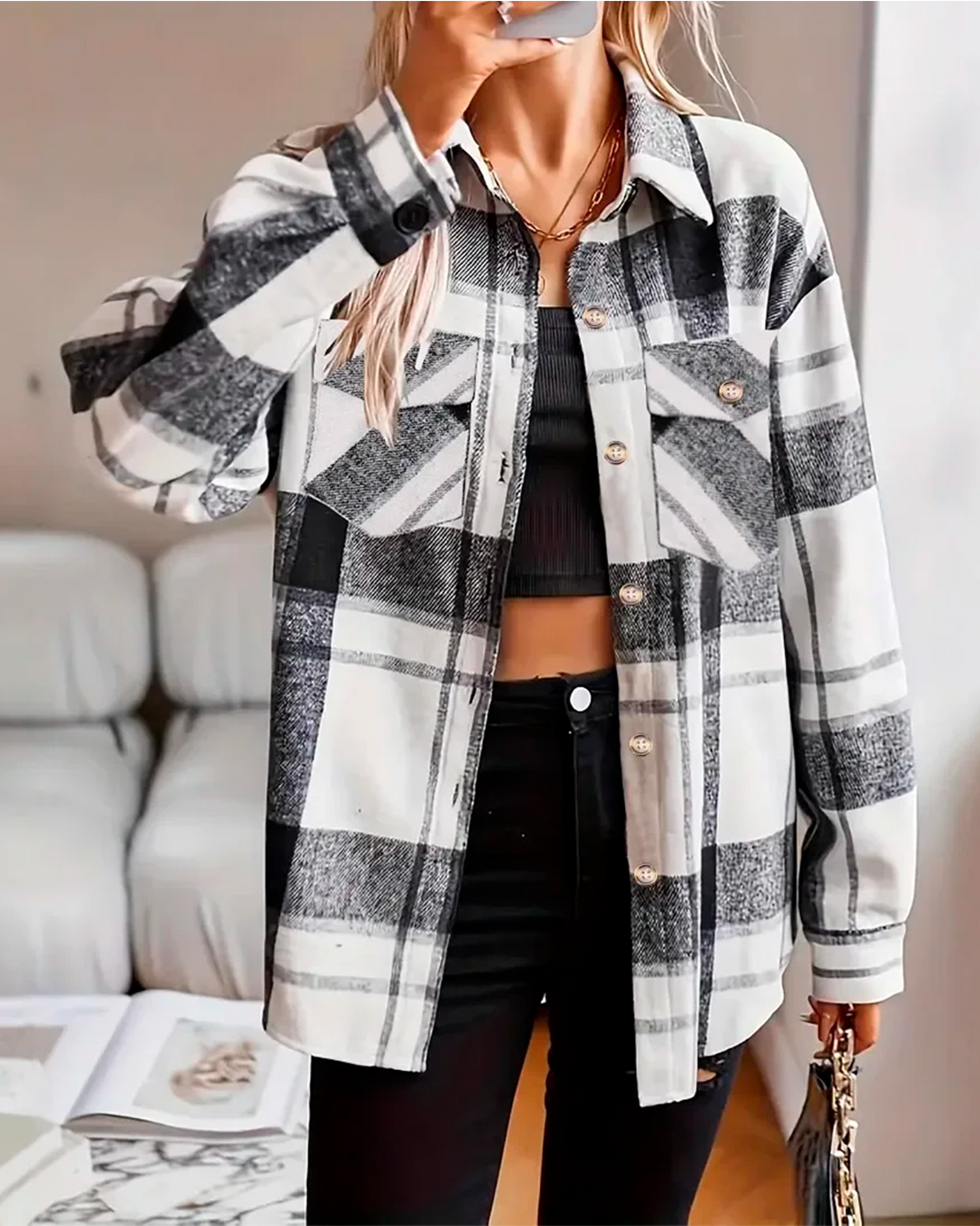 Coat Plaid Feminine Modern Casual Pockets