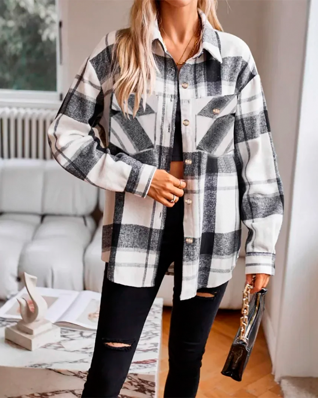 Coat Plaid Feminine Modern Casual Pockets