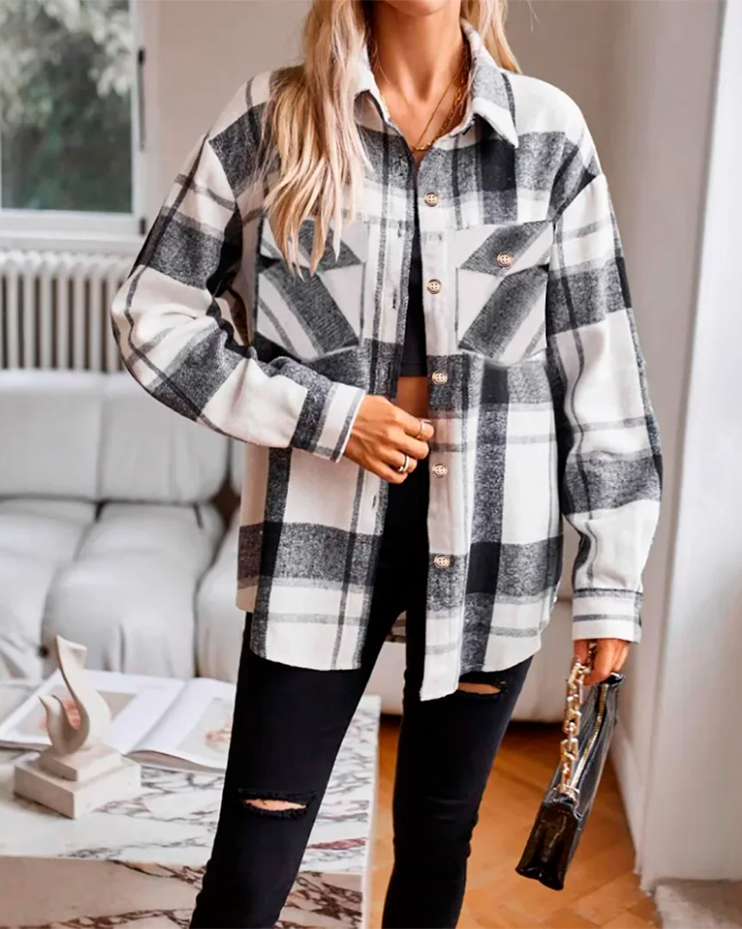 Coat Plaid Feminine Modern Casual Pockets