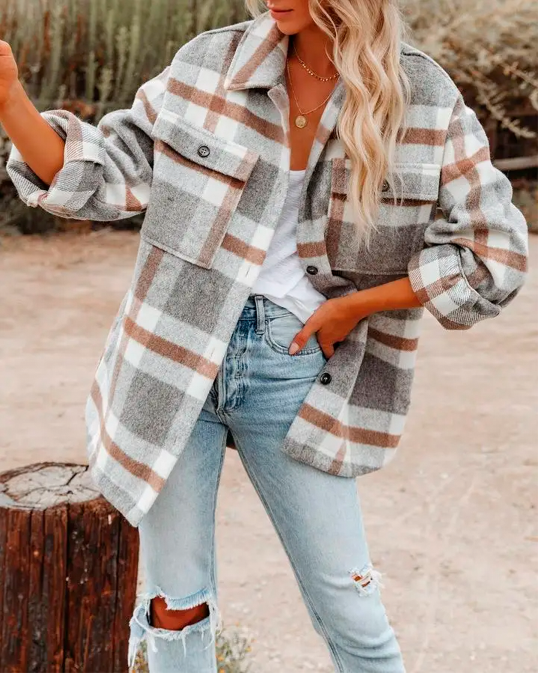 Coat Plaid Feminine Oversized Casual Pockets