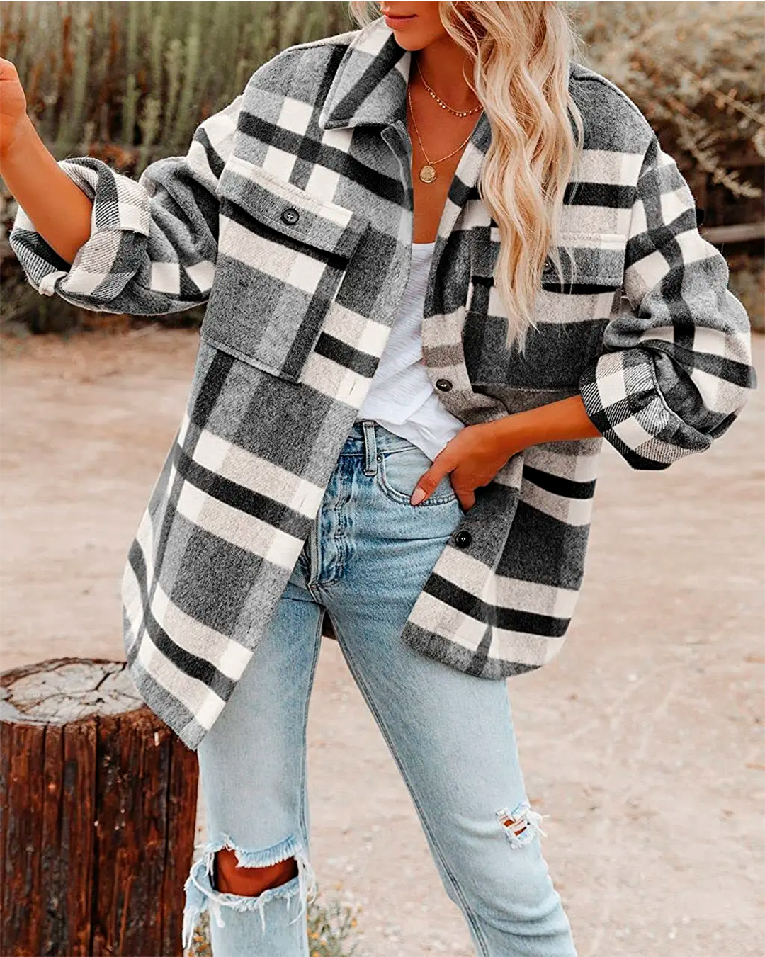 Coat Plaid Feminine Oversized Casual Pockets