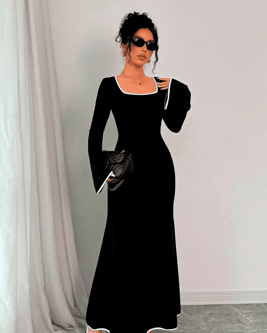 Col Carré Manches Évasées Bord Robe Sirène Contrastée