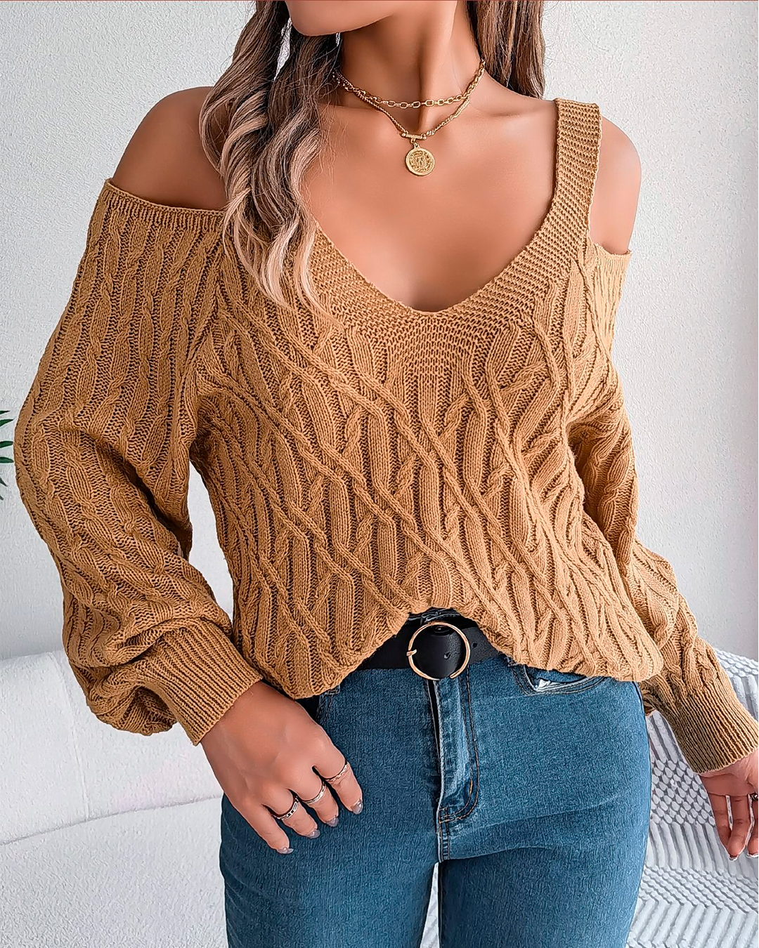 Cold Shoulder V Neck Knitted Blouse