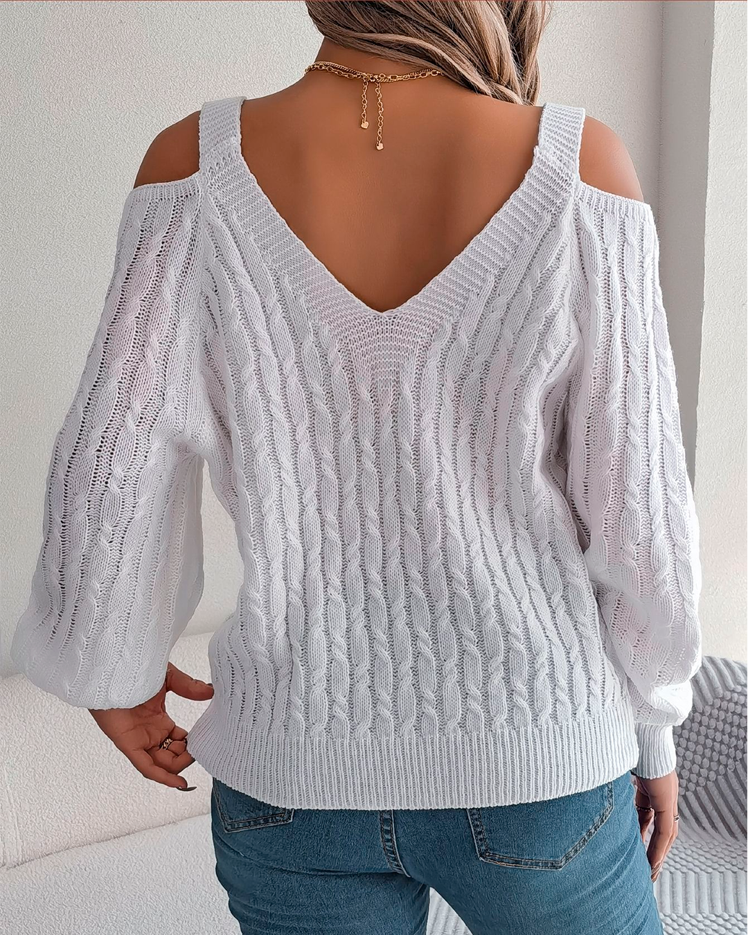 Cold Shoulder V Neck Knitted Blouse