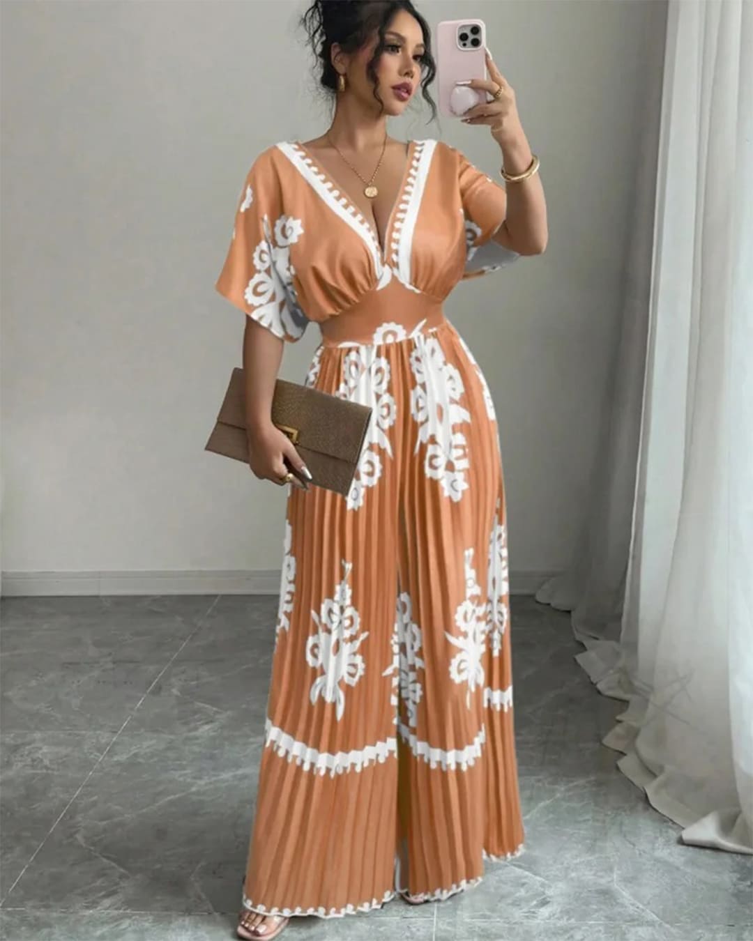 Combinaison Col V Plissé Taille Ceinturée Motifs Orange