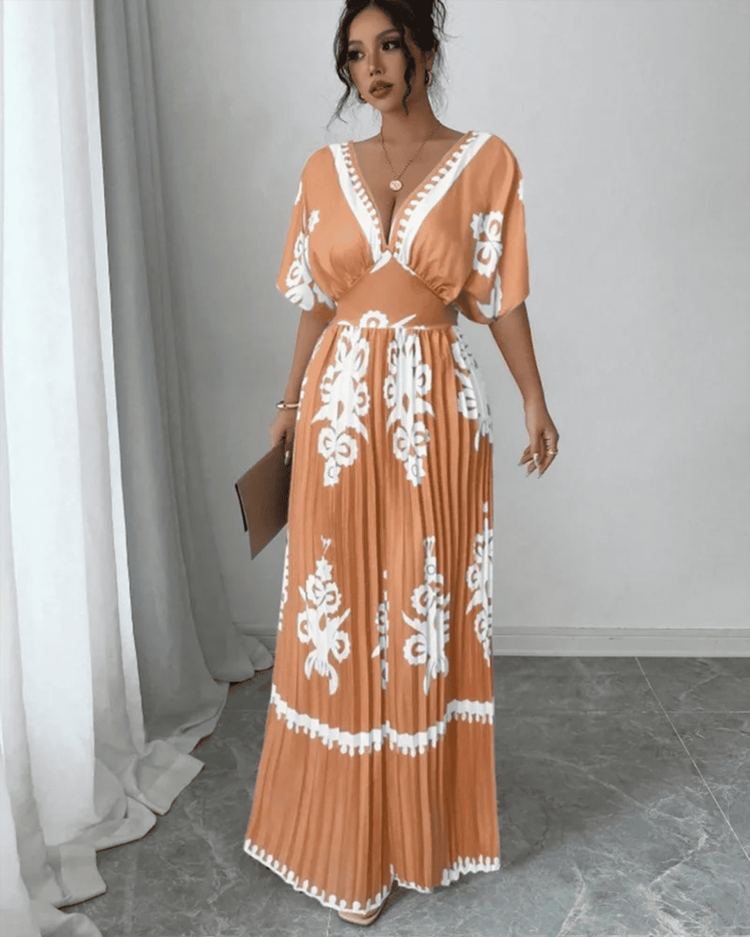 Combinaison Col V Plissé Taille Ceinturée Motifs Orange