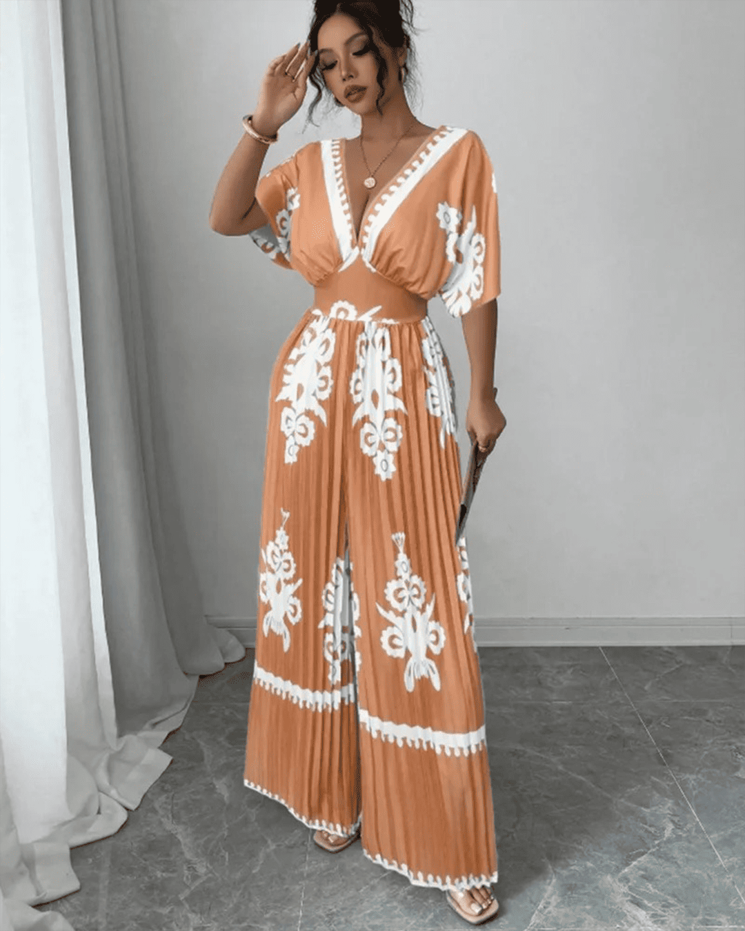 Combinaison Col V Plissé Taille Ceinturée Motifs Orange