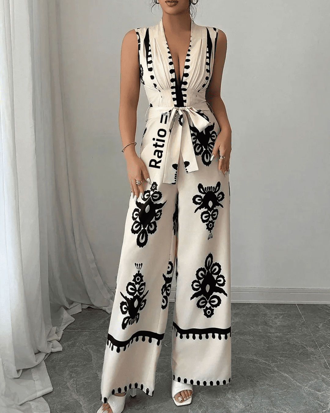 Combinaison Col V Sans Manches Ceinturée Motifs