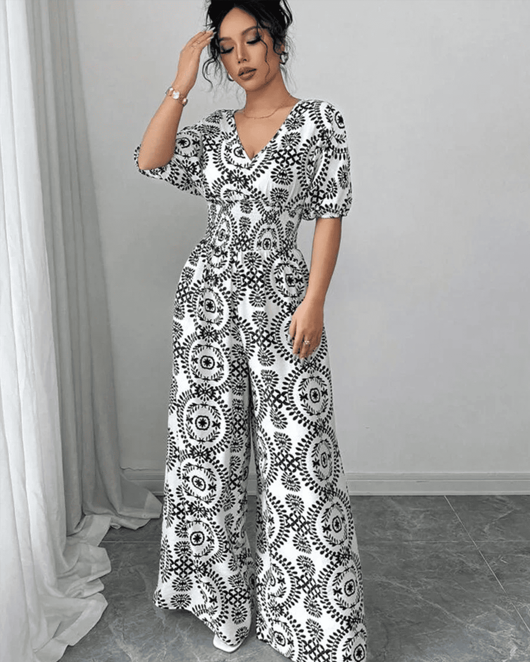 Combinaison Col V Taille Élastique Imprimé Bohème