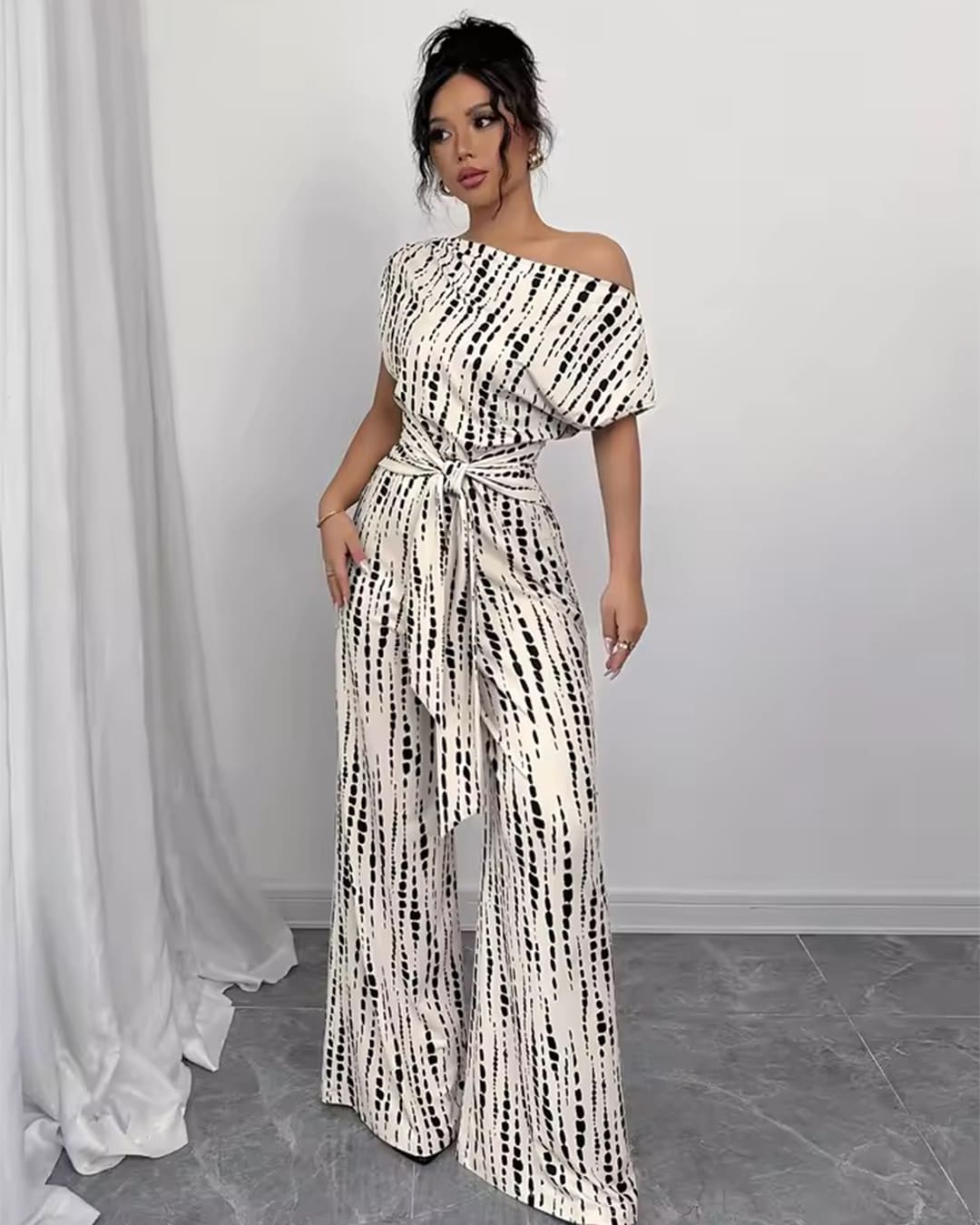 Combinaison Épaule Dénudée Ceinturée Imprimé Rayé