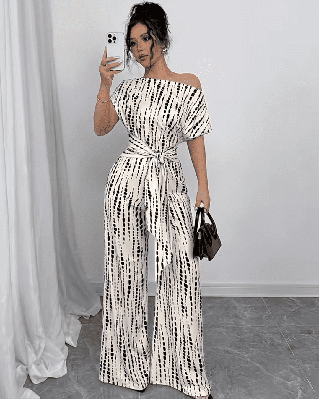 Combinaison Épaule Dénudée Ceinturée Imprimé Rayé