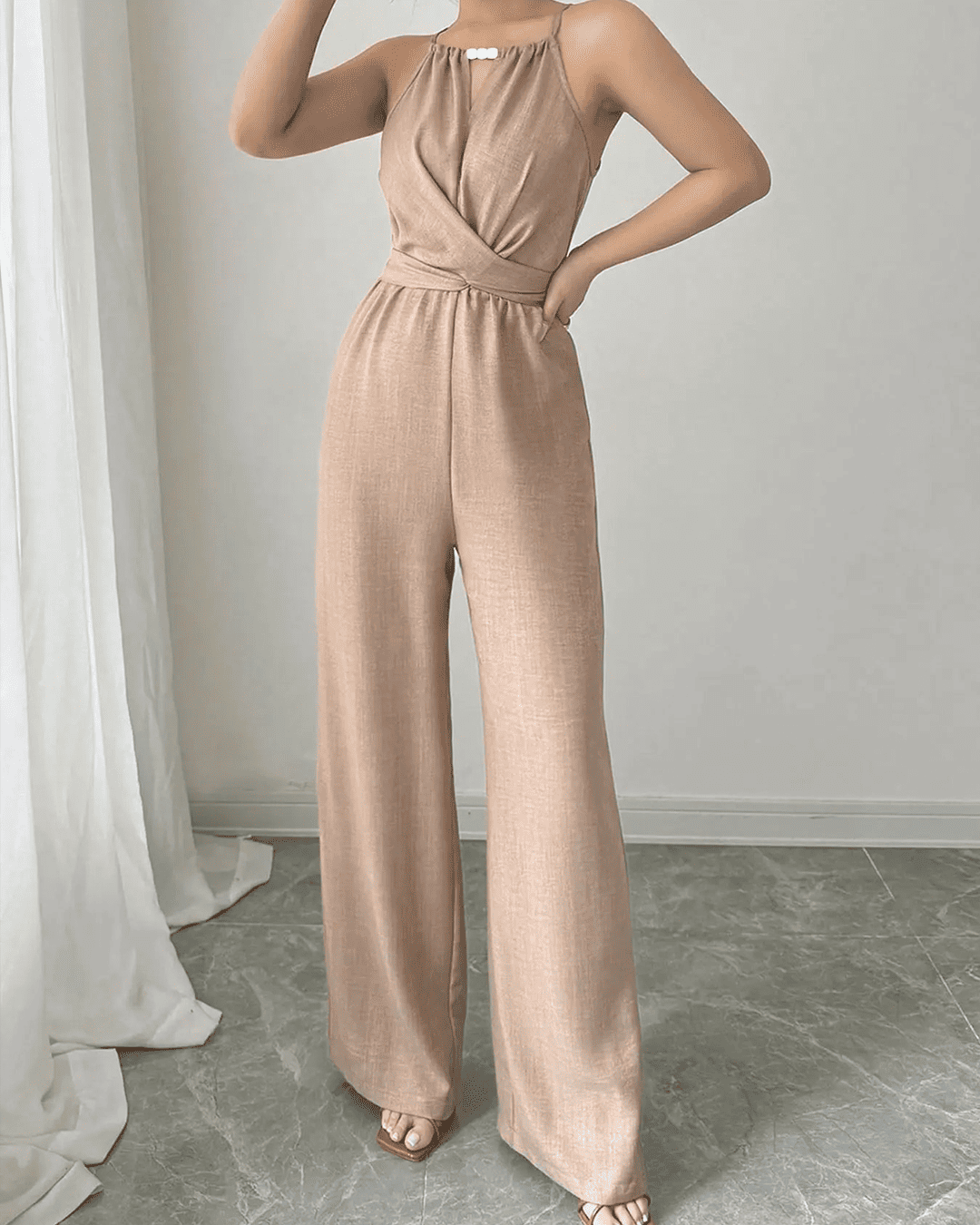 Combinaison Halter Drapée Taille Haute Jambes Larges