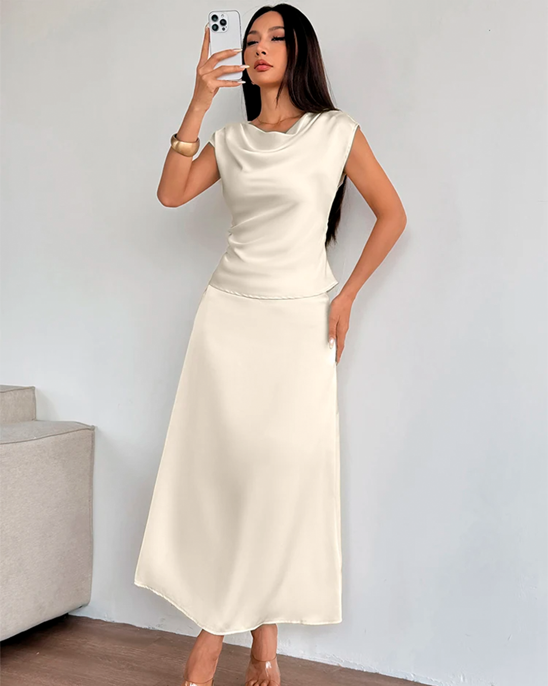 Deep V Neck Long Skirt and Blouse Set