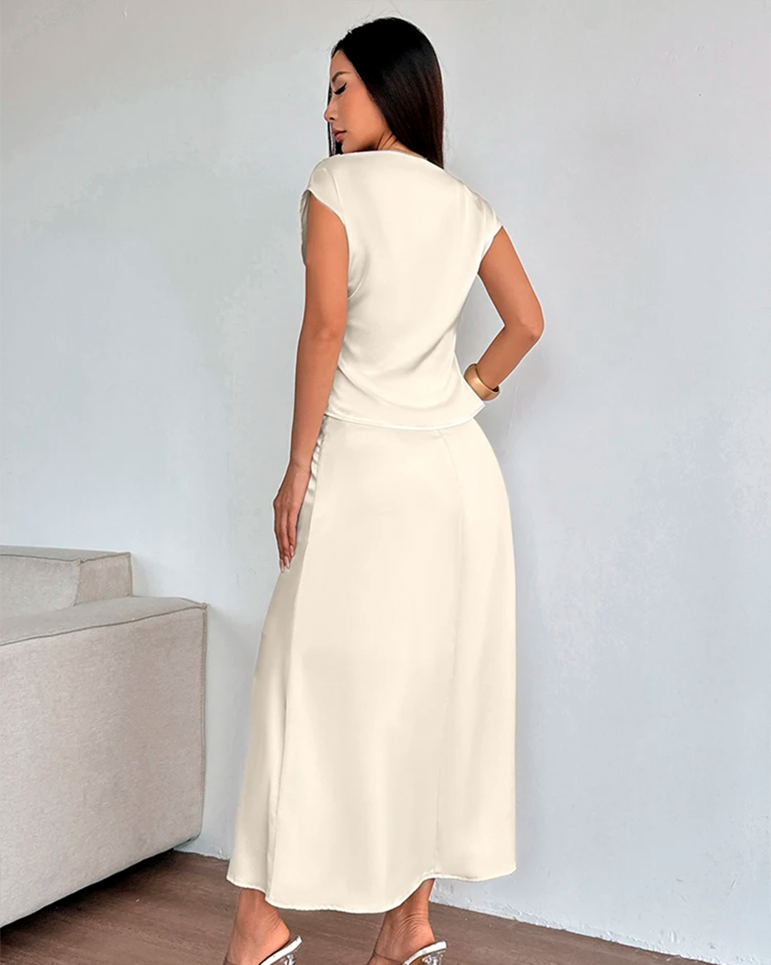 Deep V Neck Long Skirt and Blouse Set