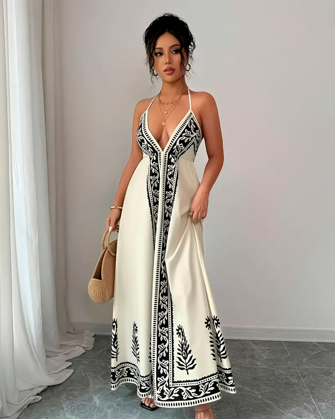 Dress Long Boho Ethnic Embroidery Halter Plunge
