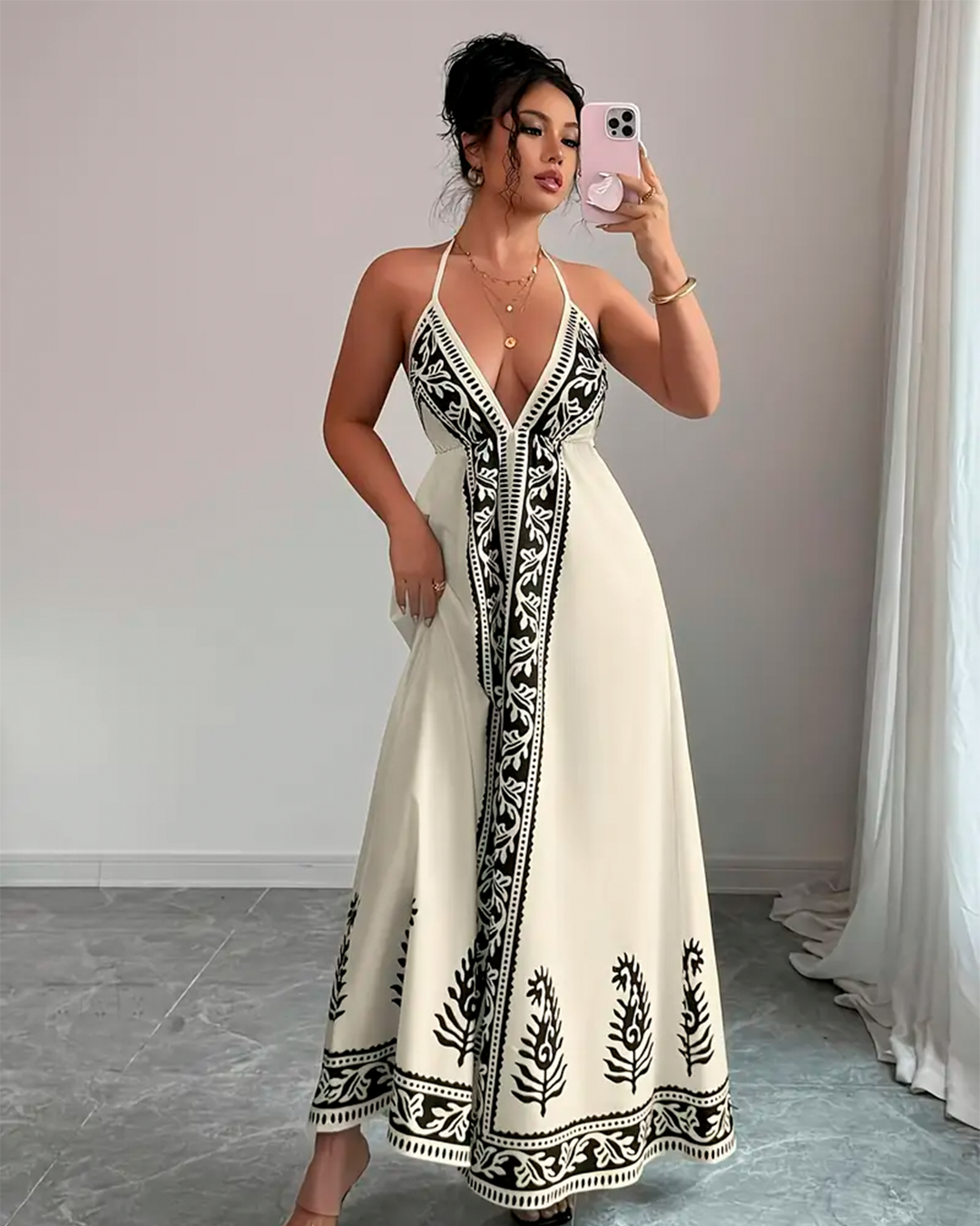 Dress Long Boho Ethnic Embroidery Halter Plunge