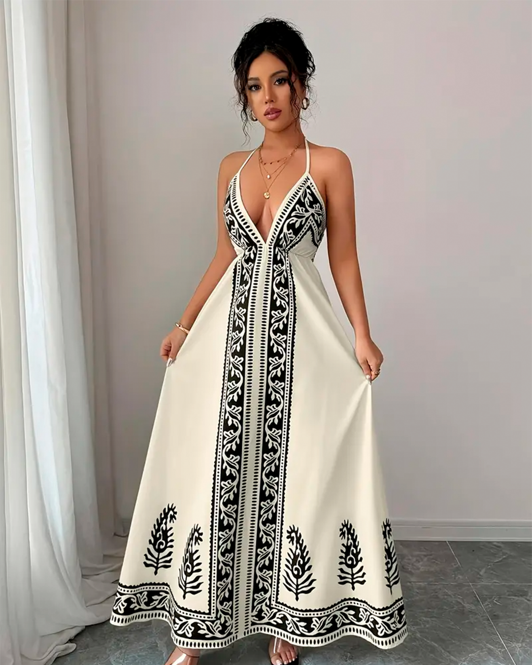 Dress Long Boho Ethnic Embroidery Halter Plunge