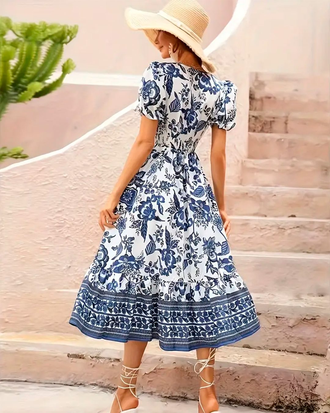 Dress Midi Puff Sleeve Floral Border Print