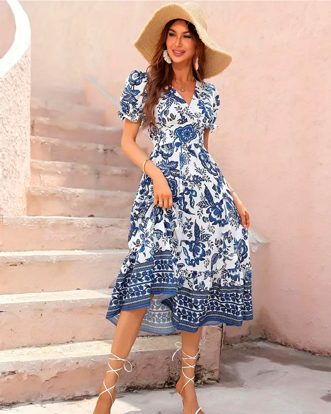 Dress Midi Puff Sleeve Floral Border Print