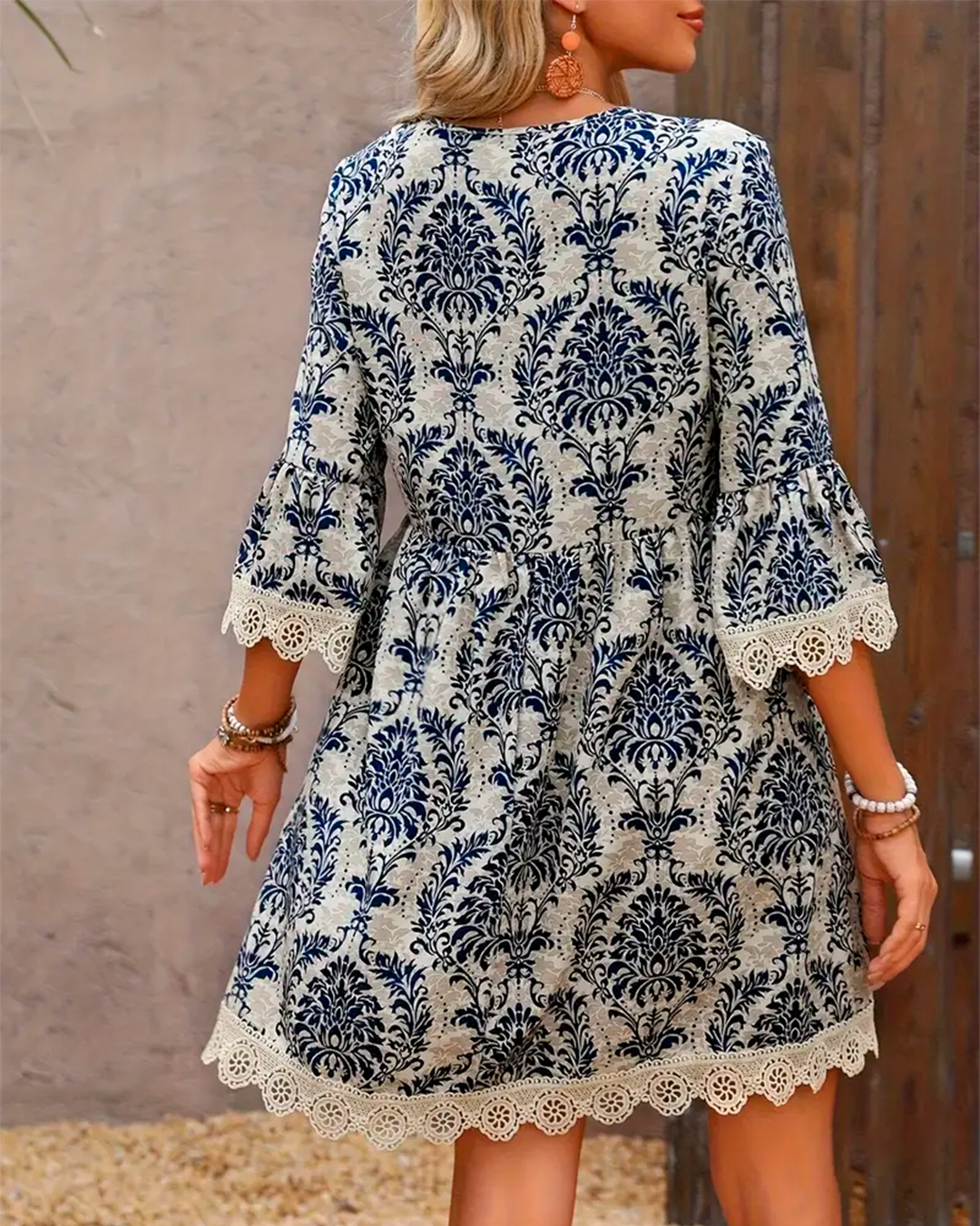 Dress Short Boho Damask Print Lace Trim Sleeve