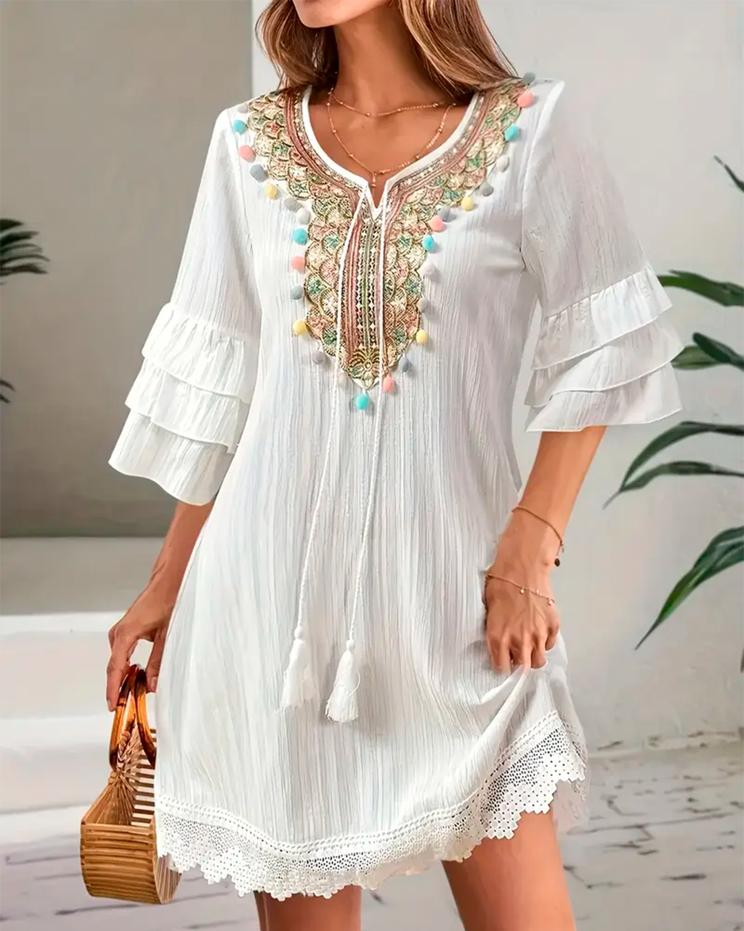 Dress Short Boho Embroidered Pompon Ruffle Sleeve