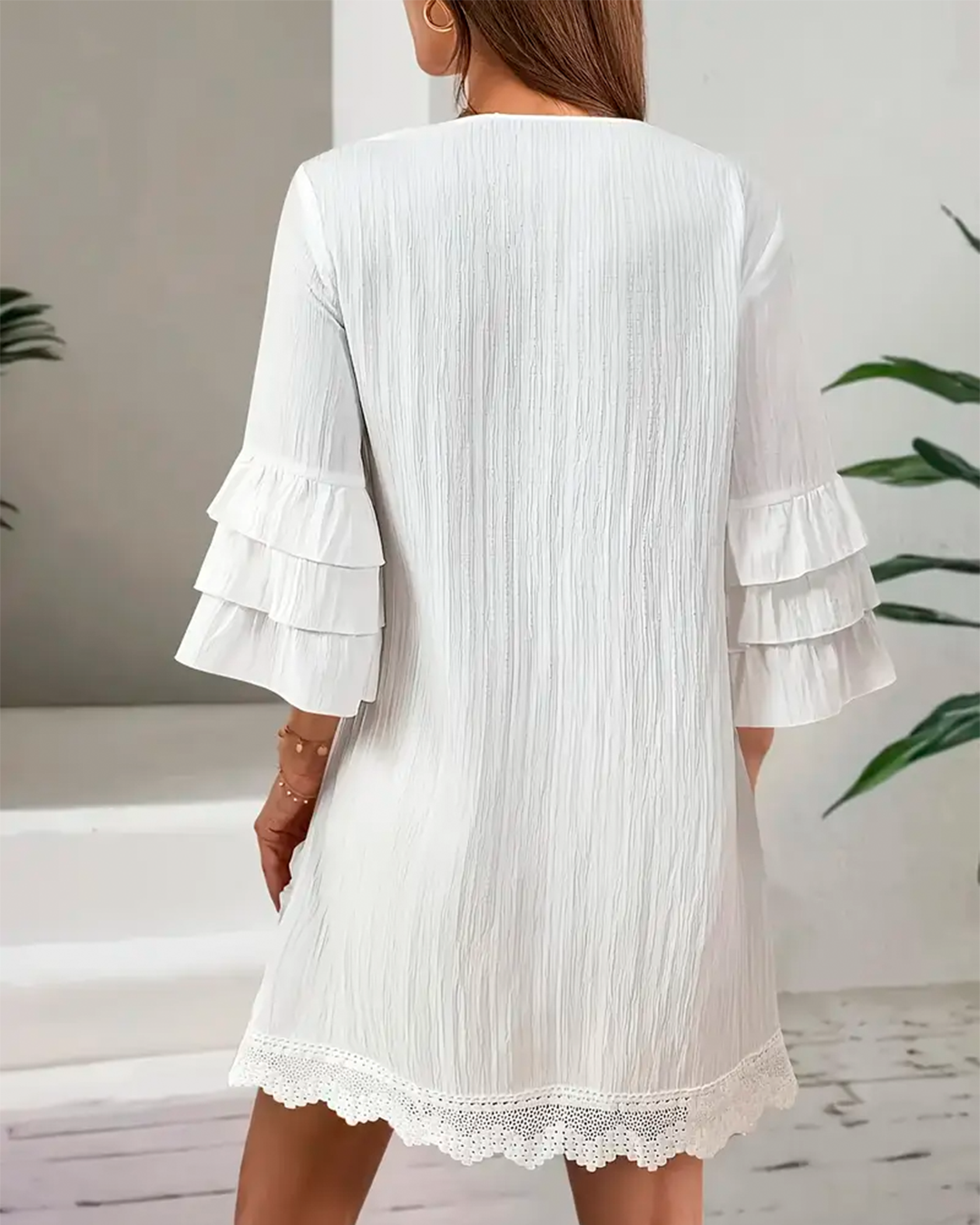 Dress Short Boho Embroidered Pompon Ruffle Sleeve