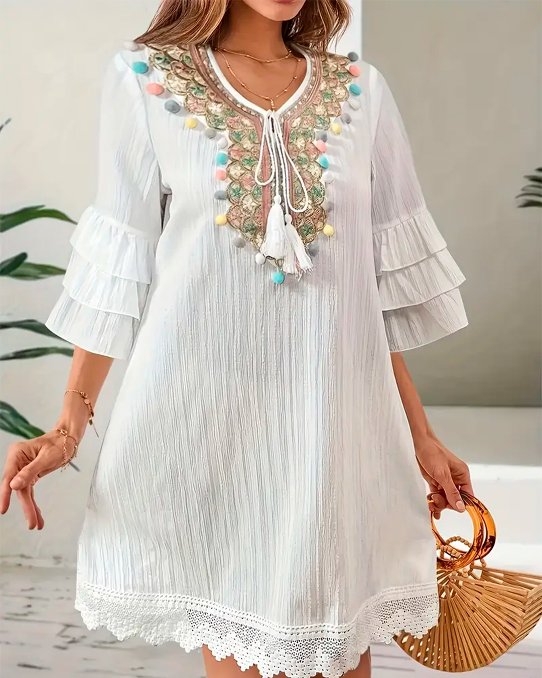 Dress Short Boho Embroidered Pompon Ruffle Sleeve