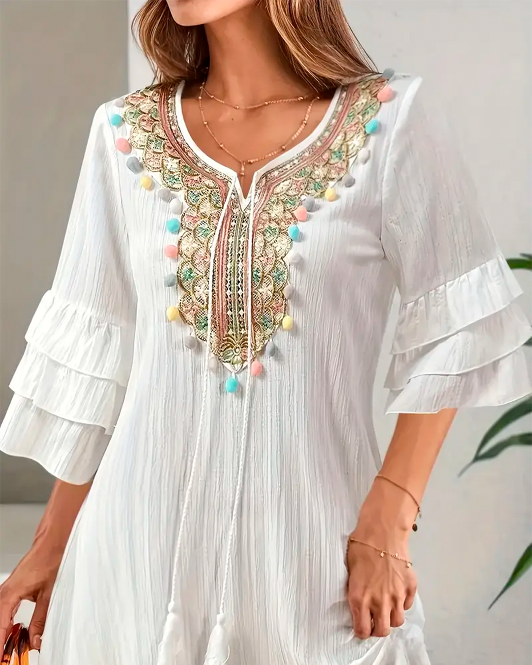 Dress Short Boho Embroidered Pompon Ruffle Sleeve