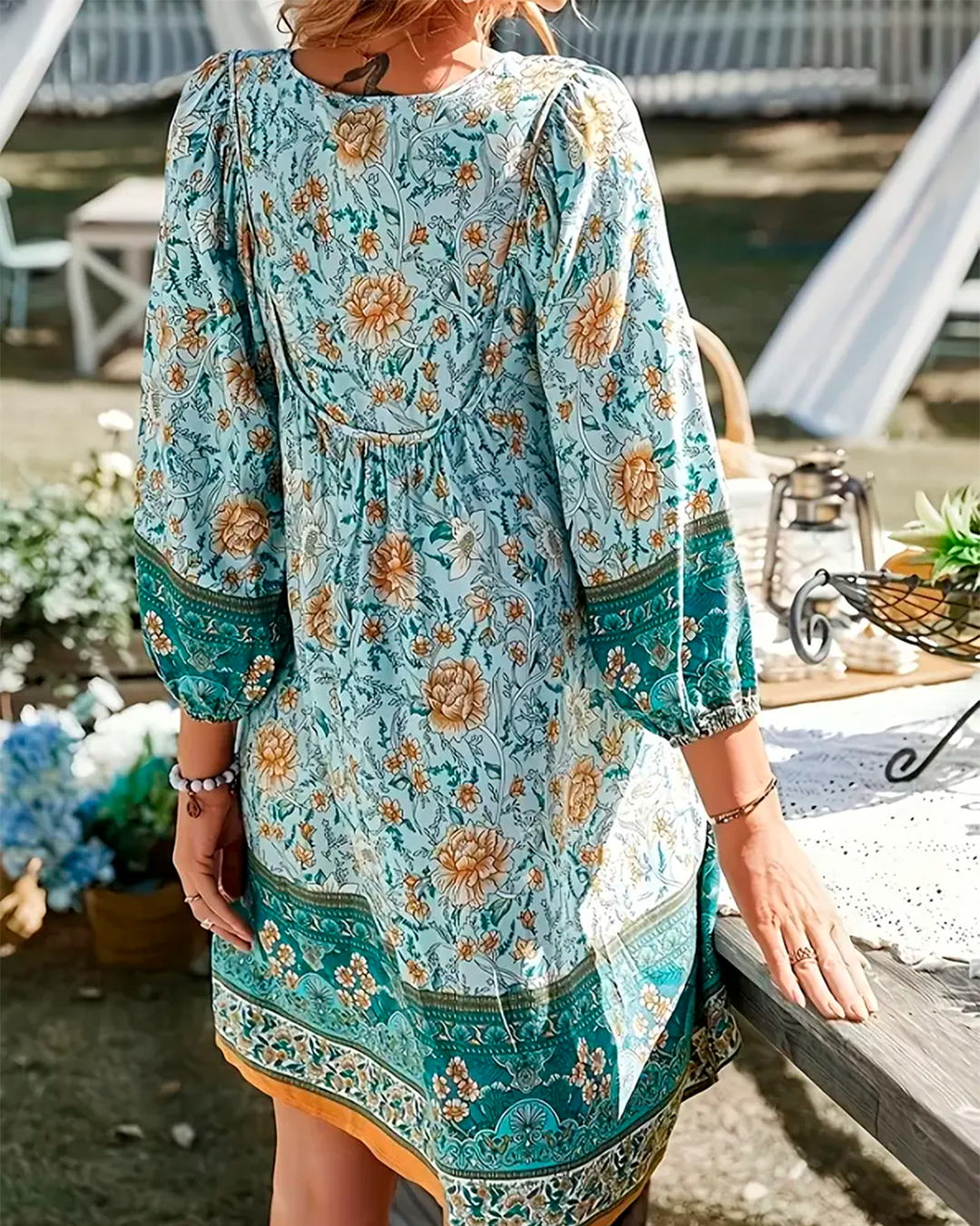 Dress Short Boho Floral With Border Print Sleeves