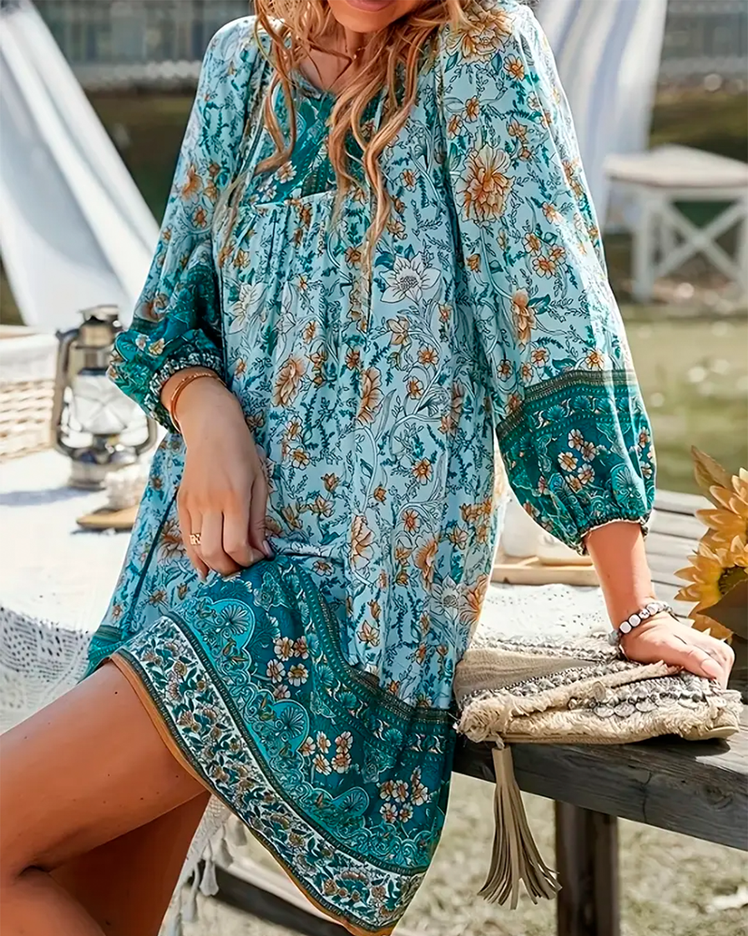 Dress Short Boho Floral With Border Print Sleeves