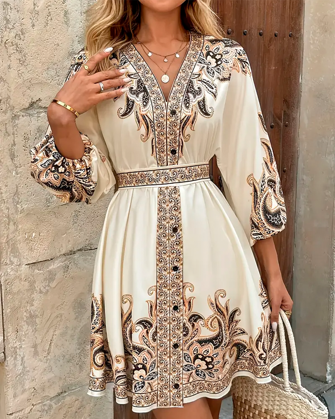Dress Short Boho Paisley Belted Button Front