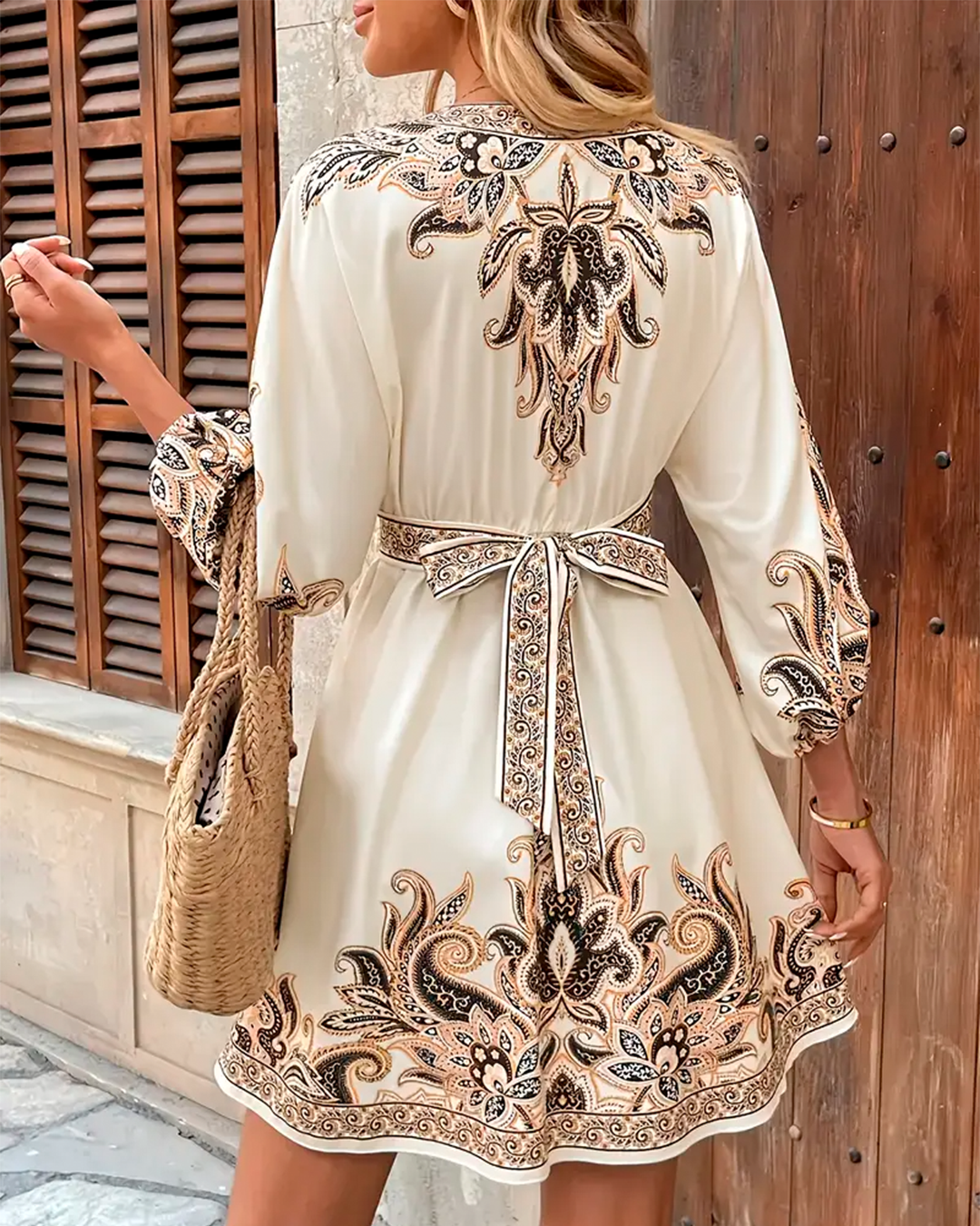 Dress Short Boho Paisley Belted Button Front
