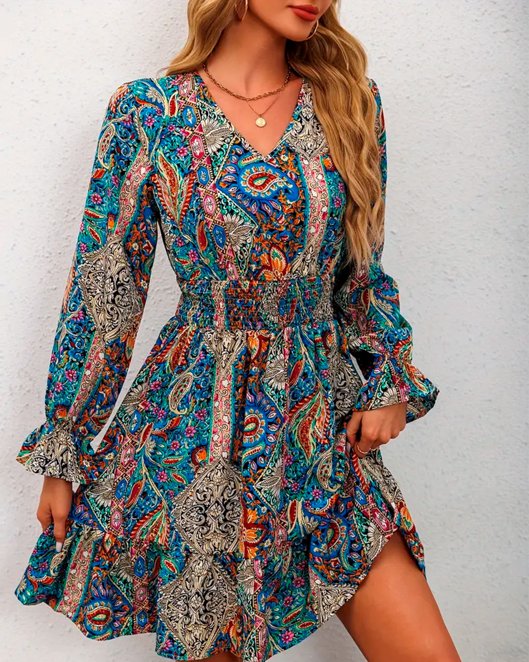 Dress Short Boho Paisley Print Smocked Waist Ruffle