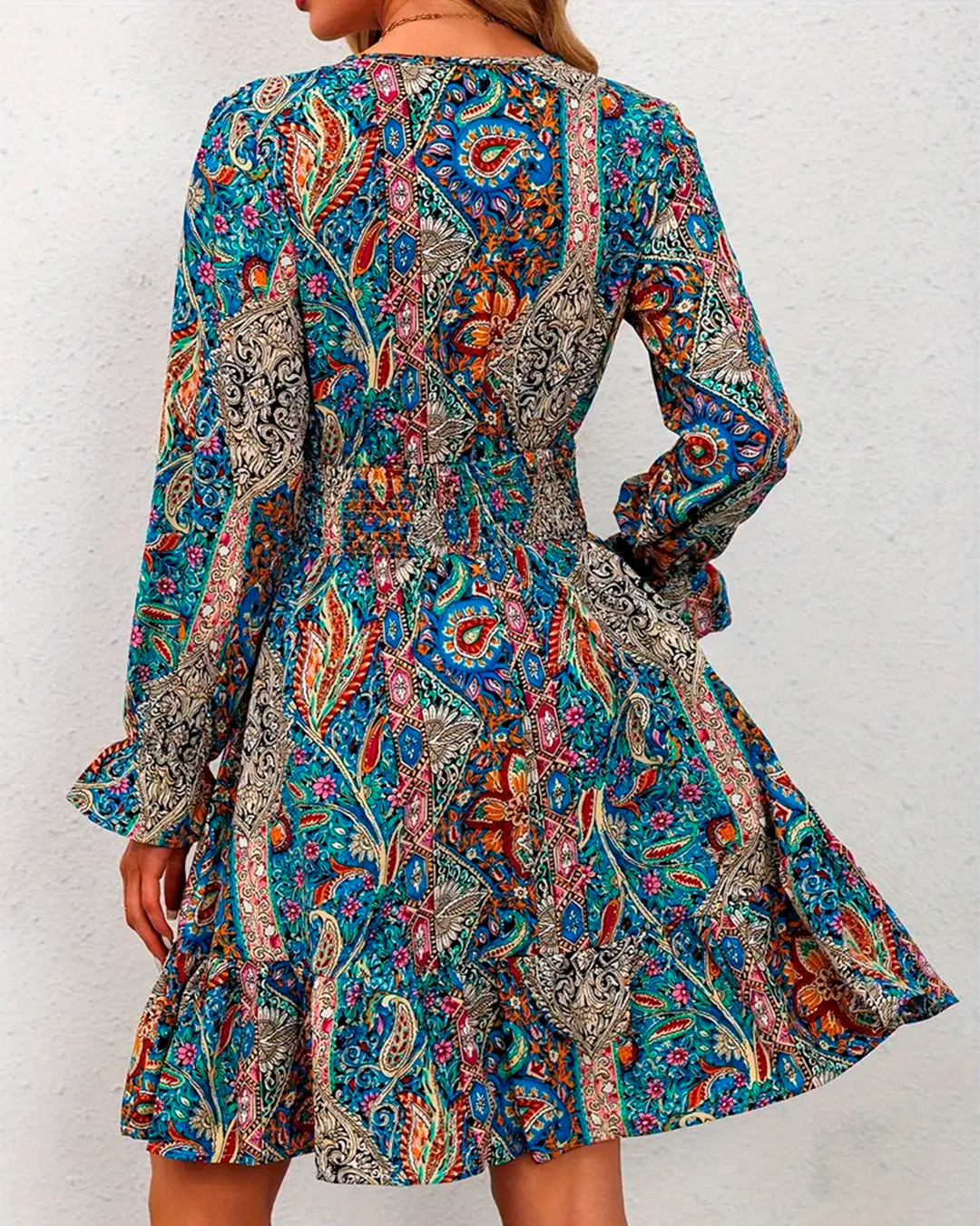 Dress Short Boho Paisley Print Smocked Waist Ruffle