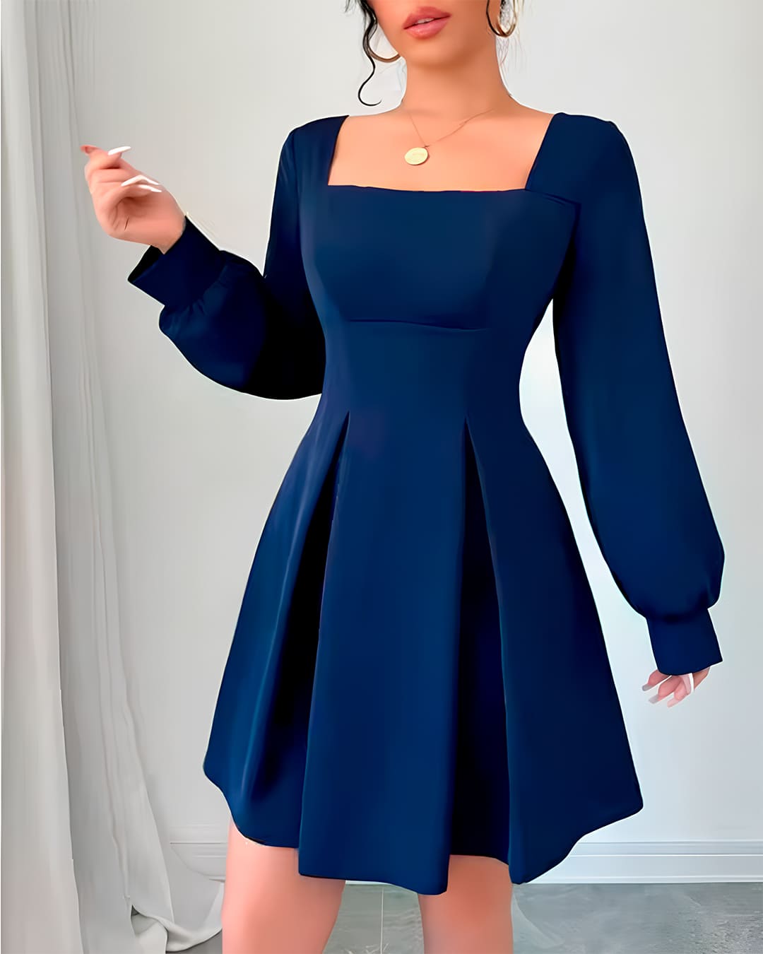 Encolure Carrée Manches Longues Évasé Plissé Robe