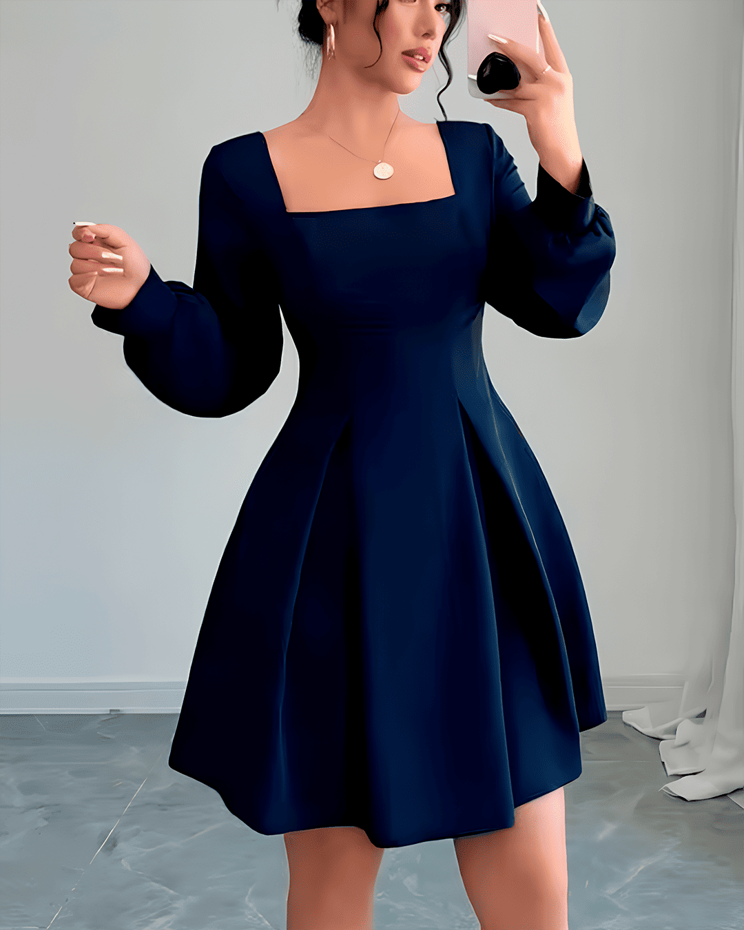 Encolure Carrée Manches Longues Évasé Plissé Robe